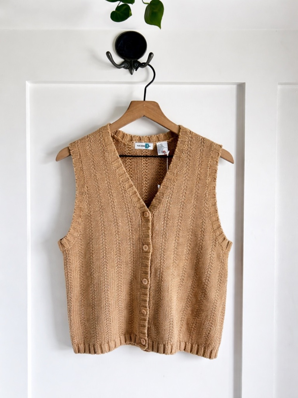Knit Sweater Vest Tan Cotton Ramie Button Front Minimalist Layering